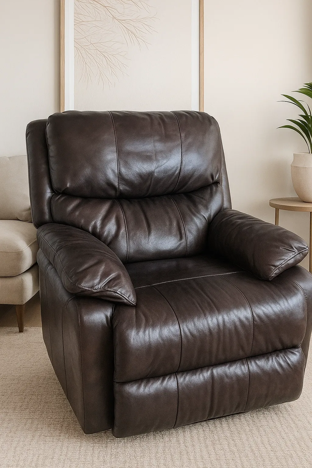 Plush Brown Faux Leather Recliner Chair - Overstuffed Living Room Armchair